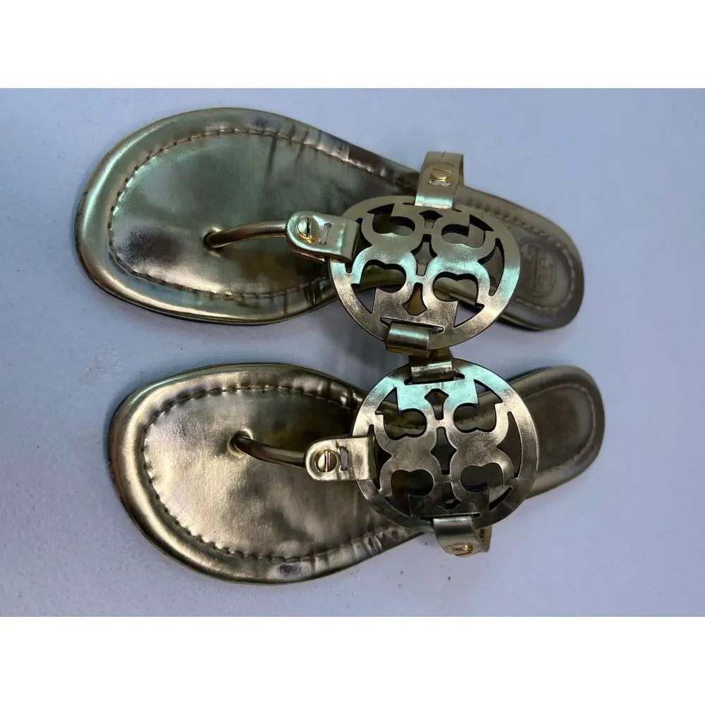 Tory Burch Miller Metallic Thong Logo Sandals in Spark Gold $225 Size 6